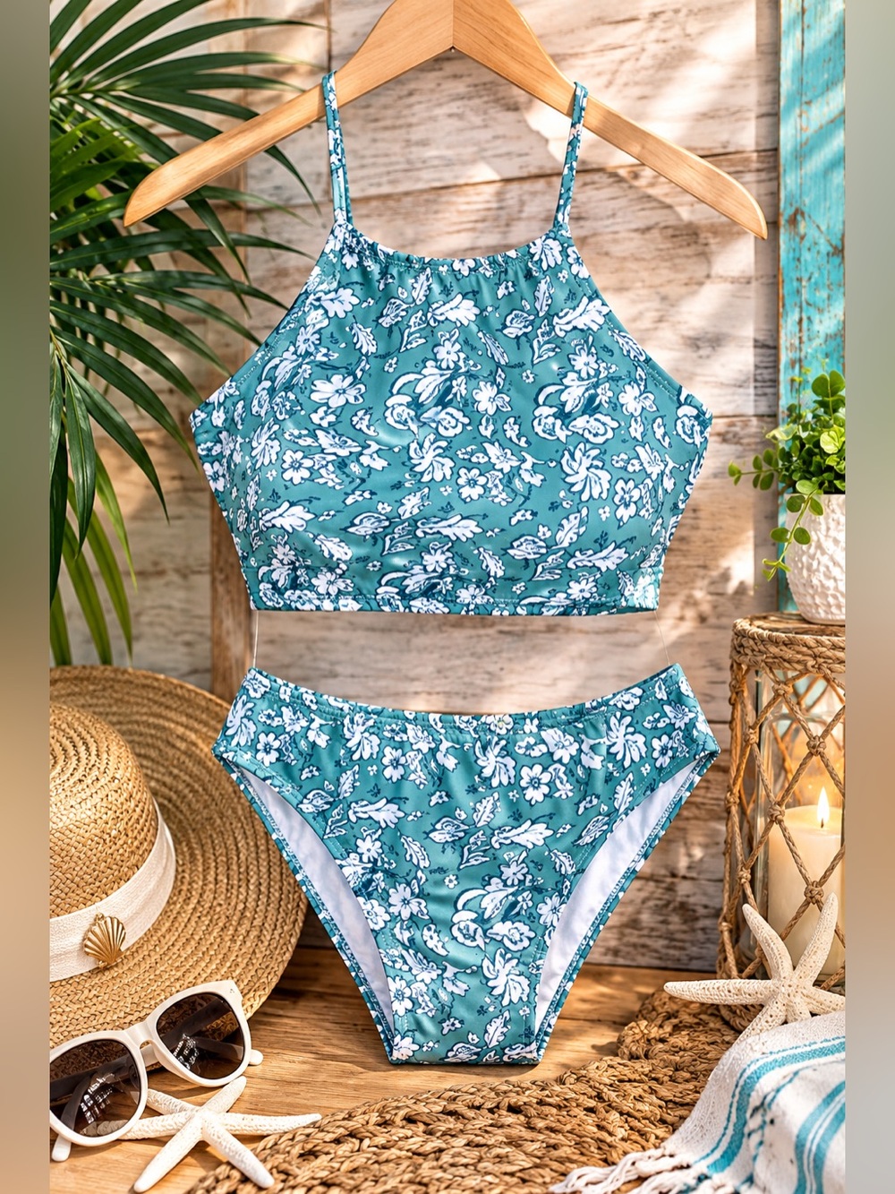 🖤 NEW 🖤 High-Neck Floral Print Bikini Set in Teal Size Small 🖤